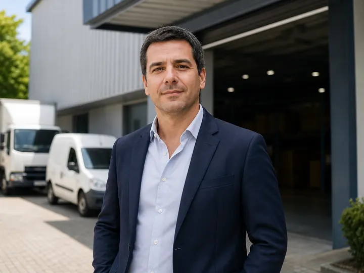 Empresário em frente a uma pequena indústria com veículos de transporte ao fundo
