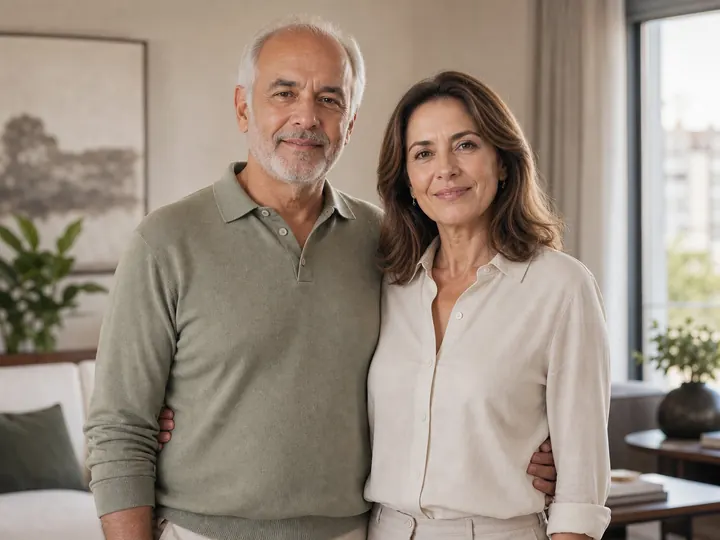 Casal em pé de frente em um escritório residencial, representando planejamento familiar e patrimonial