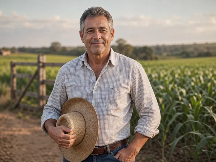 Produtor rural de frente em uma lavoura